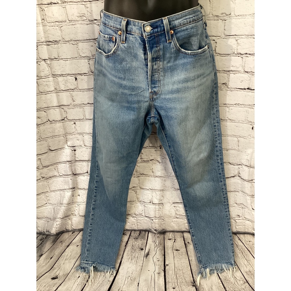 Levis Premium 501 S Skinny Jeans Medium Wash Frayed Hem High Rise Denim 31x27